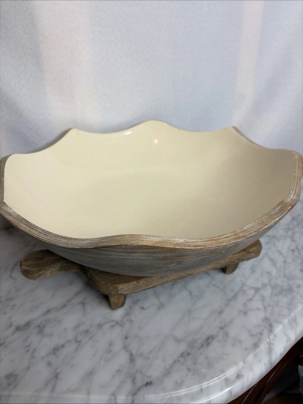 Large Wood Mud Pie Bowl Cream Enamel Fruit Bowl Rustic Farmhouse